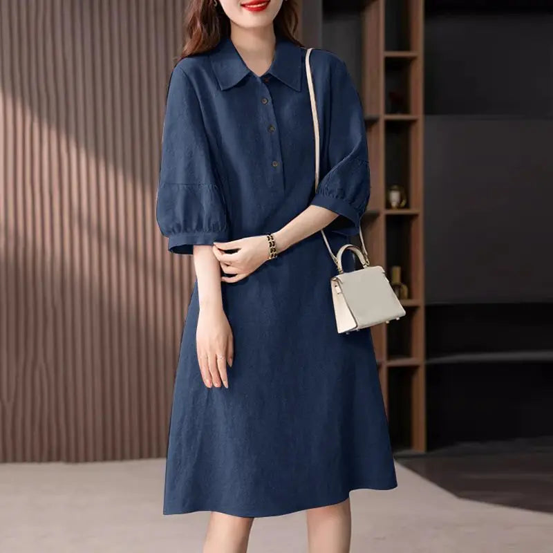Women Cotton Shirt Dress 2024 Summer Lapel Neck Dresses Korean Office 3/4 Sleeve Midi Vestidos Elegant Solid Buttons Robe