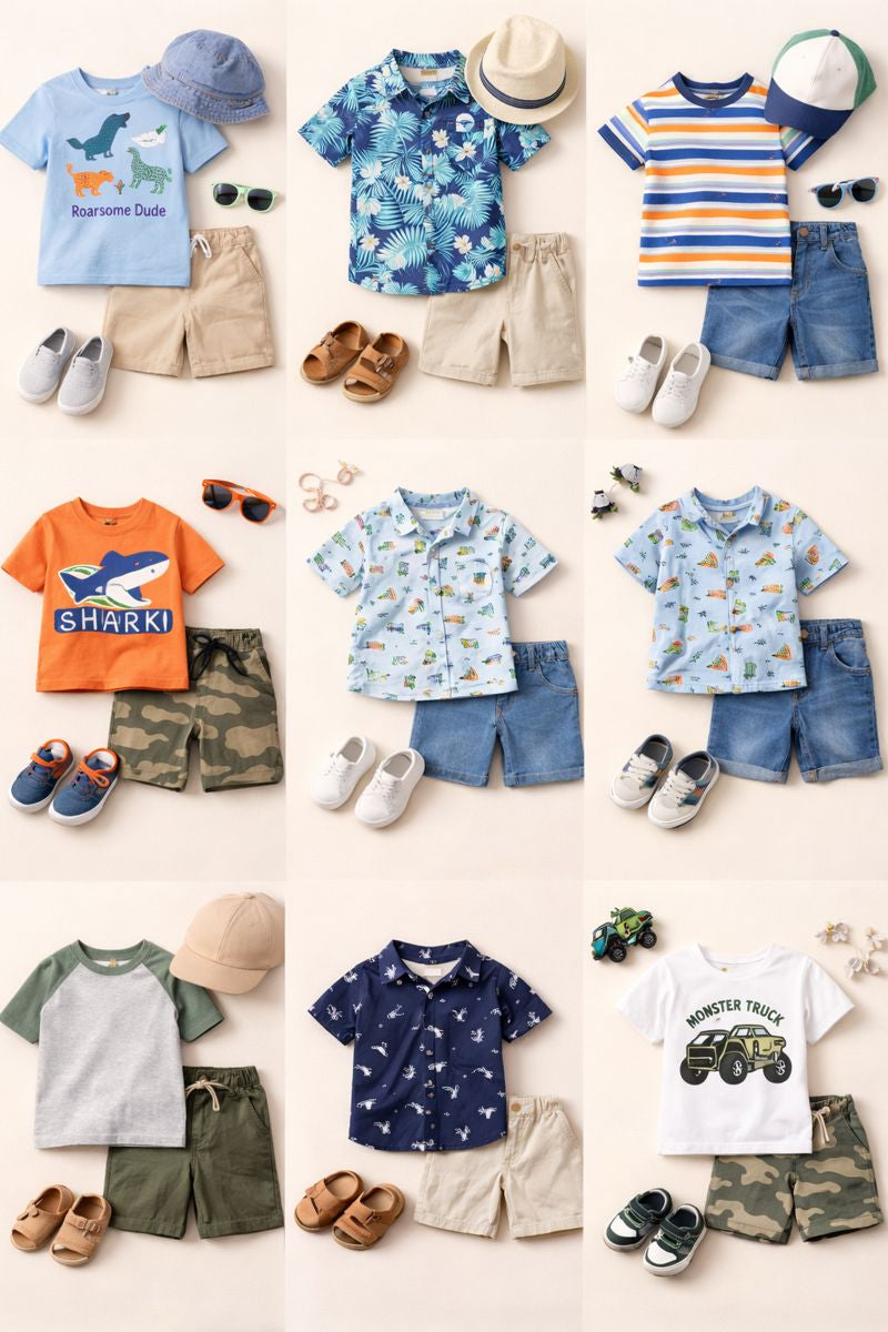 Boys Clothing collection featuring casual shirts, shorts, hats, and sandals ideal for everyday adventures.