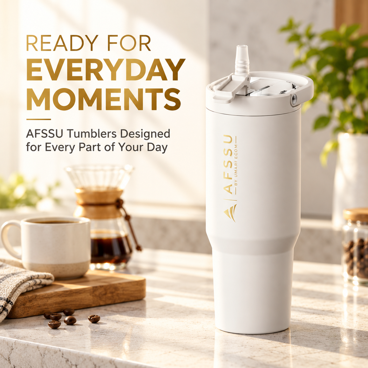 AFSSU 32 oz Vacuum Insulated Tumbler with Flip Straw & Carry Handle, White