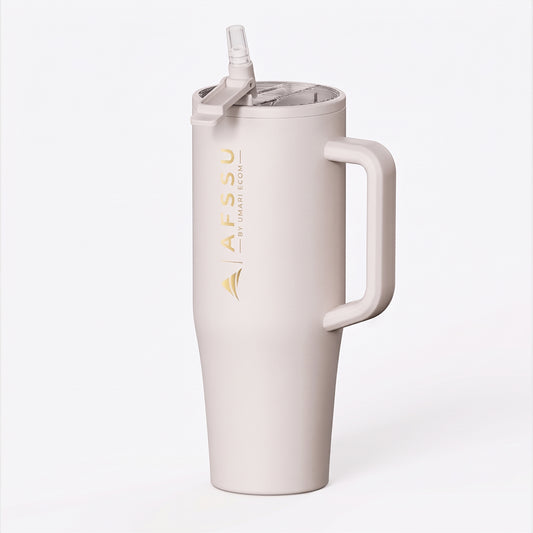 AFSSU 40 oz Tumbler with Handle & Flip Straw, Stainless Steel, White