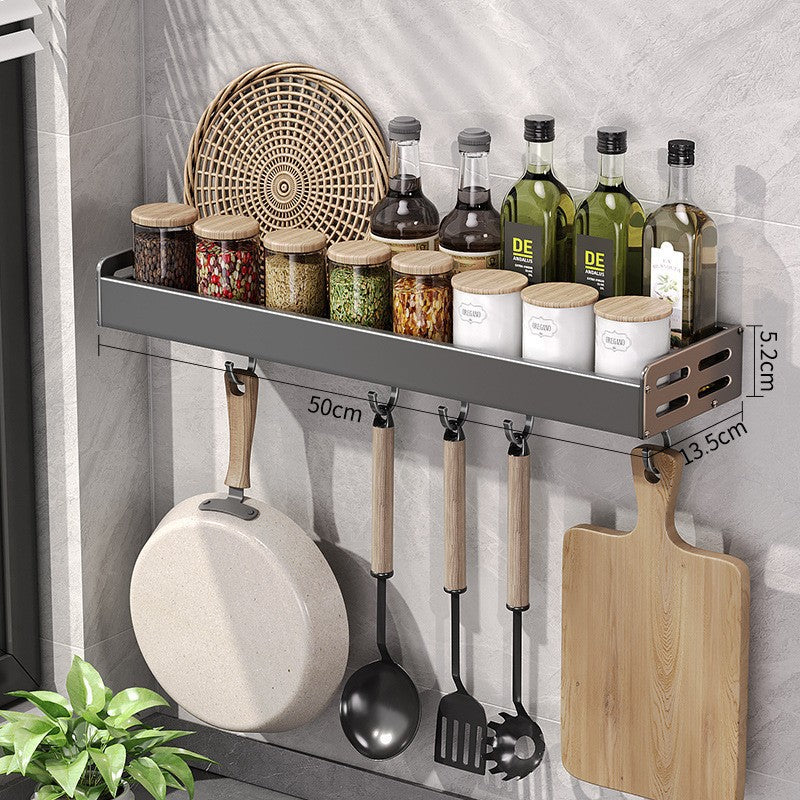 Wall Mount Utensil Holder - Stainless Steel Kitchen Storage Shelf with Hooks & Spice Organizer Rack