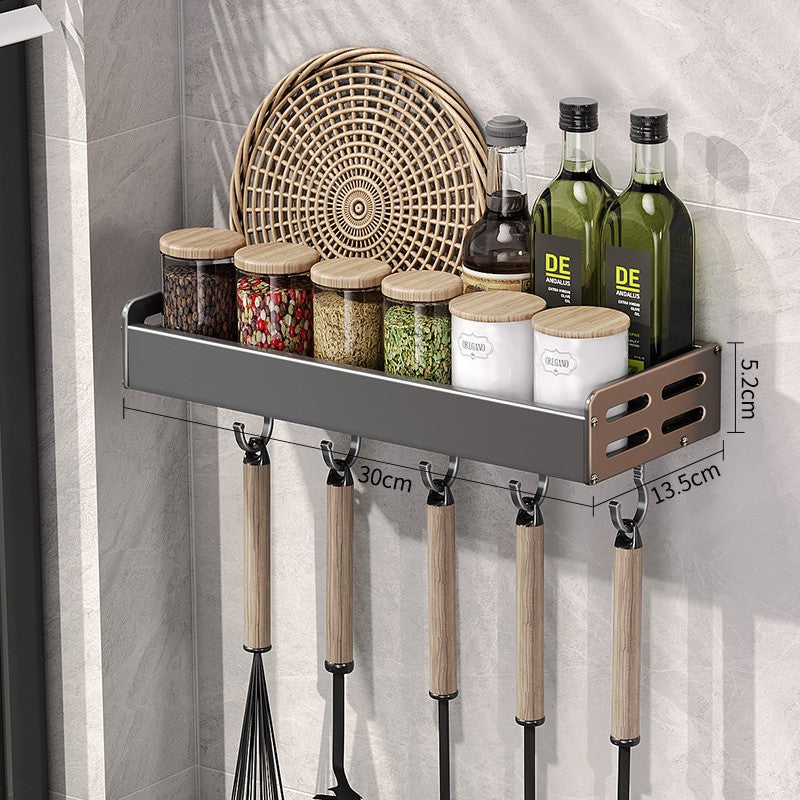 Wall Mount Utensil Holder - Stainless Steel Kitchen Storage Shelf with Hooks & Spice Organizer Rack