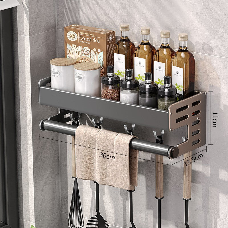 Wall Mount Utensil Holder - Stainless Steel Kitchen Storage Shelf with Hooks & Spice Organizer Rack