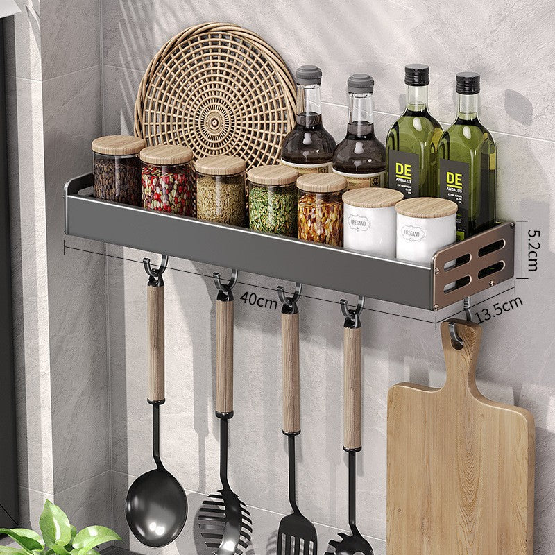 Wall Mount Utensil Holder - Stainless Steel Kitchen Storage Shelf with Hooks & Spice Organizer Rack