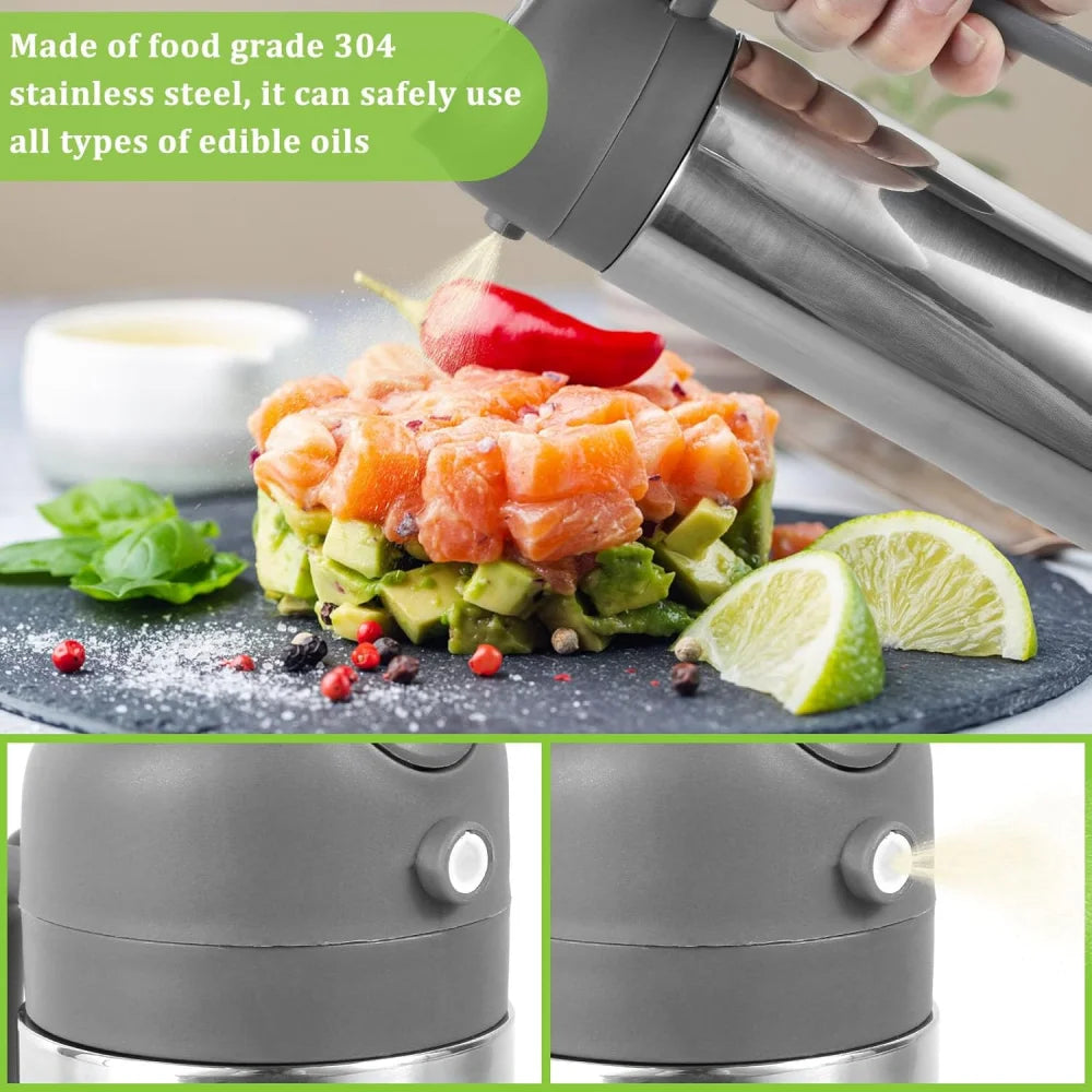 Two-in-one oil dispenser, stainless steel oil spray bottle, can be refilled with portable sprayer, suitable for baking, cooking,