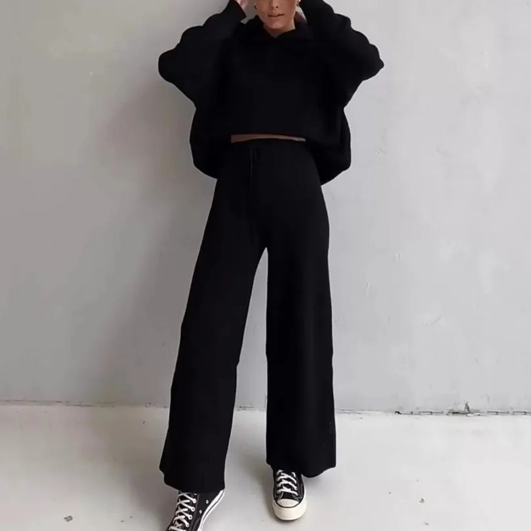 Women Soild Two Piece Sets Ribbed Knitted Soft Pajamas Casual Loose Hoodie Top & Wide Leg Pants Sports Lounge Home Wear Suit