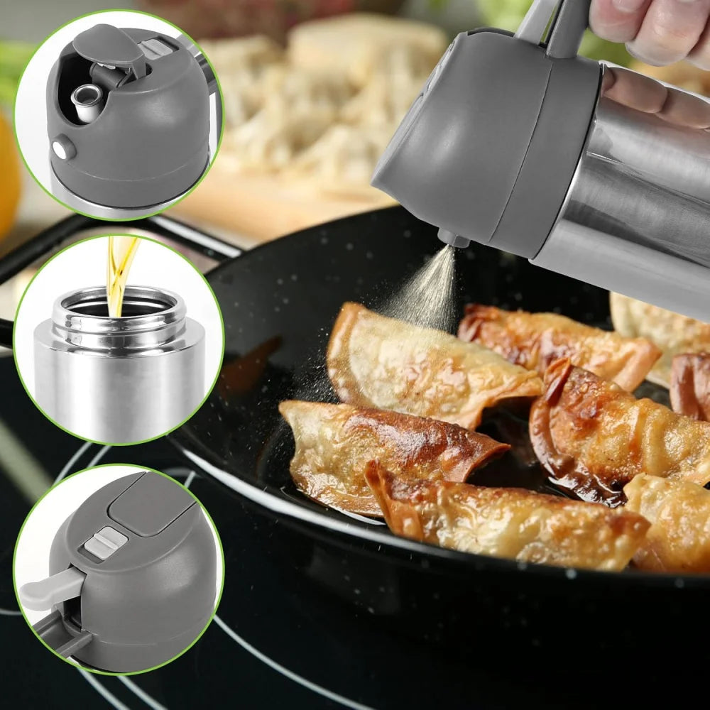 Two-in-one oil dispenser, stainless steel oil spray bottle, can be refilled with portable sprayer, suitable for baking, cooking,
