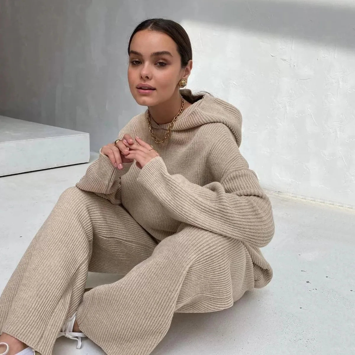 Women Soild Two Piece Sets Ribbed Knitted Soft Pajamas Casual Loose Hoodie Top & Wide Leg Pants Sports Lounge Home Wear Suit