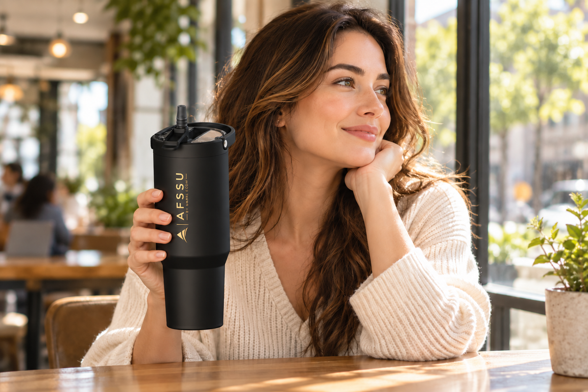 AFSSU 32 oz Vacuum Insulated Tumbler with Flip Straw & Carry Handle, Black