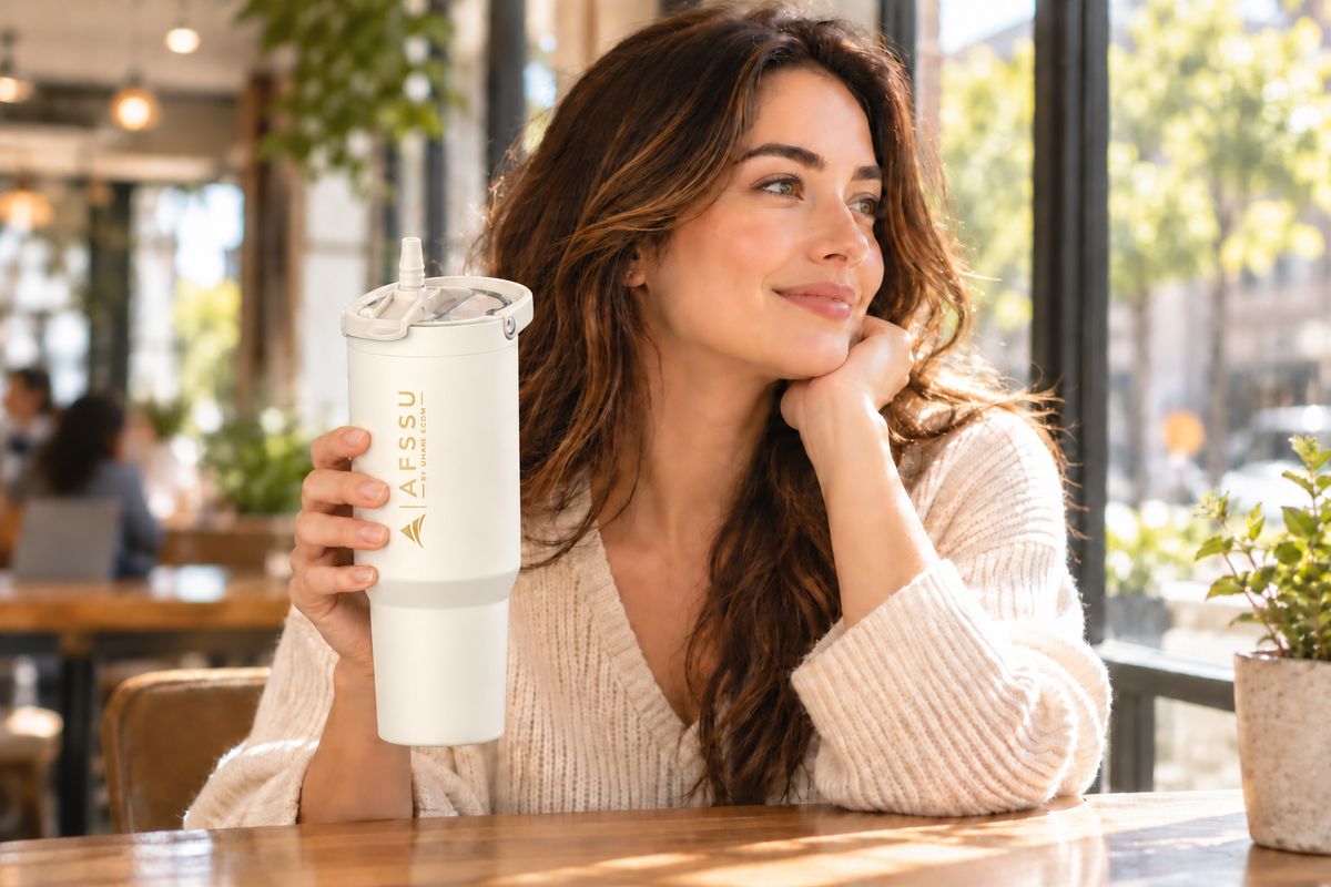 AFSSU 32 oz Vacuum Insulated Tumbler with Flip Straw & Carry Handle, White