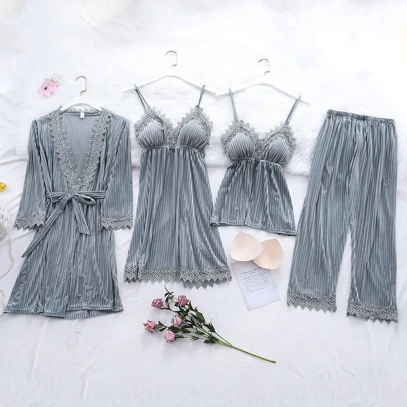 Women's Pajama Set 4Pcs Velvet Sleepwear Robe Gowns Nightwear V-Neck Sexy Pijamas Ladies Home Suit Nightgown Bride Bathrobe Gown