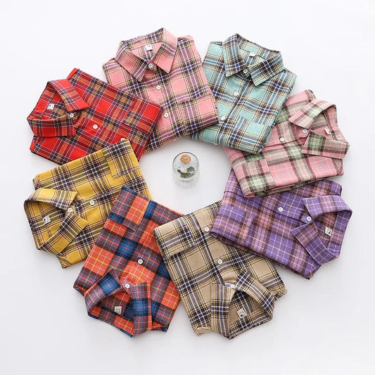 Brand Women's Flannel Plaid Shirts 2025 New Ladies Tops Exquisite Designer Style Loose Blouses Casual Cotton Long Sleeve Blouse