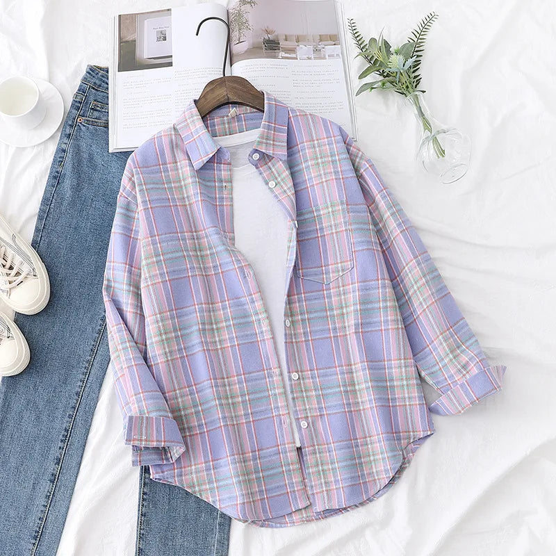 Brand Women's Flannel Plaid Shirts 2025 New Ladies Tops Exquisite Designer Style Loose Blouses Casual Cotton Long Sleeve Blouse