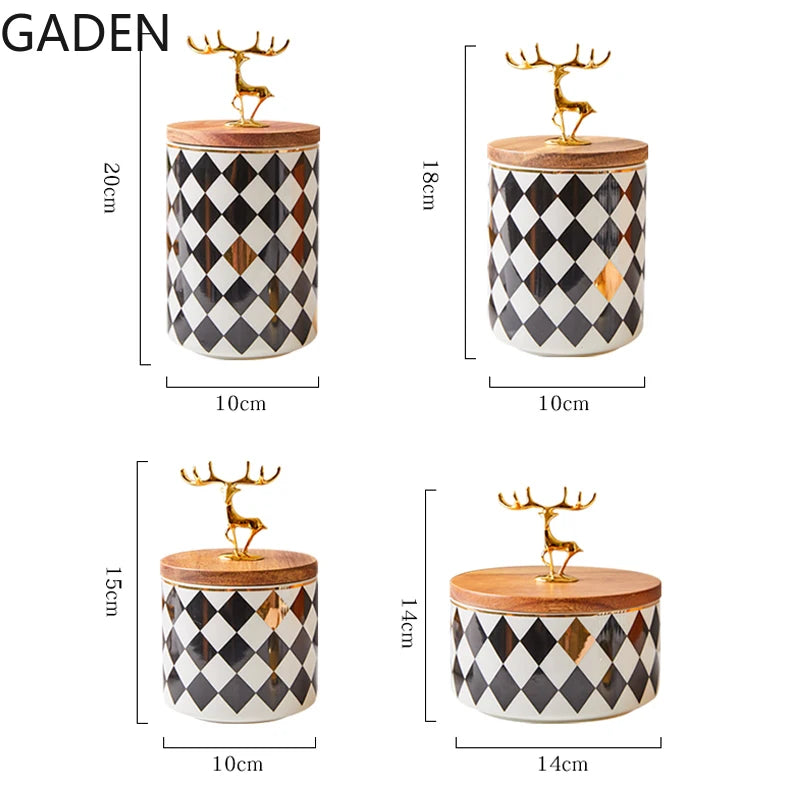European-style Ceramic Candy Jar Wooden Lid Golden Deer Airtight Jar Light Luxury Household Storage Box Desktop Decorative Jar