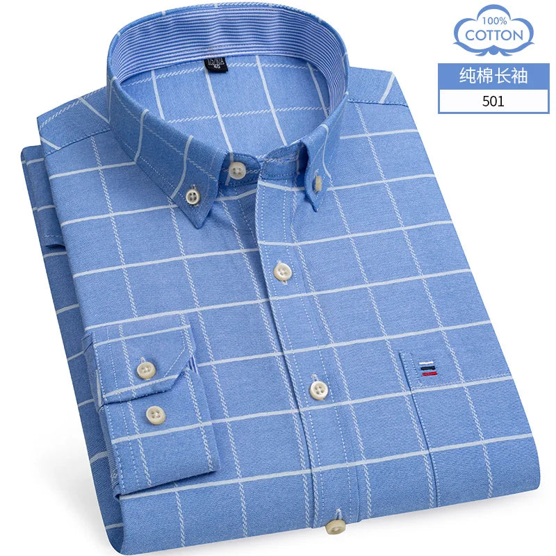 S~6XL Cotton Oxford Shirt For Mens Long Sleeve Plaid Striped Casual Shirts Male Pocket Regular-Fit Button-Down Work Man Shirt
