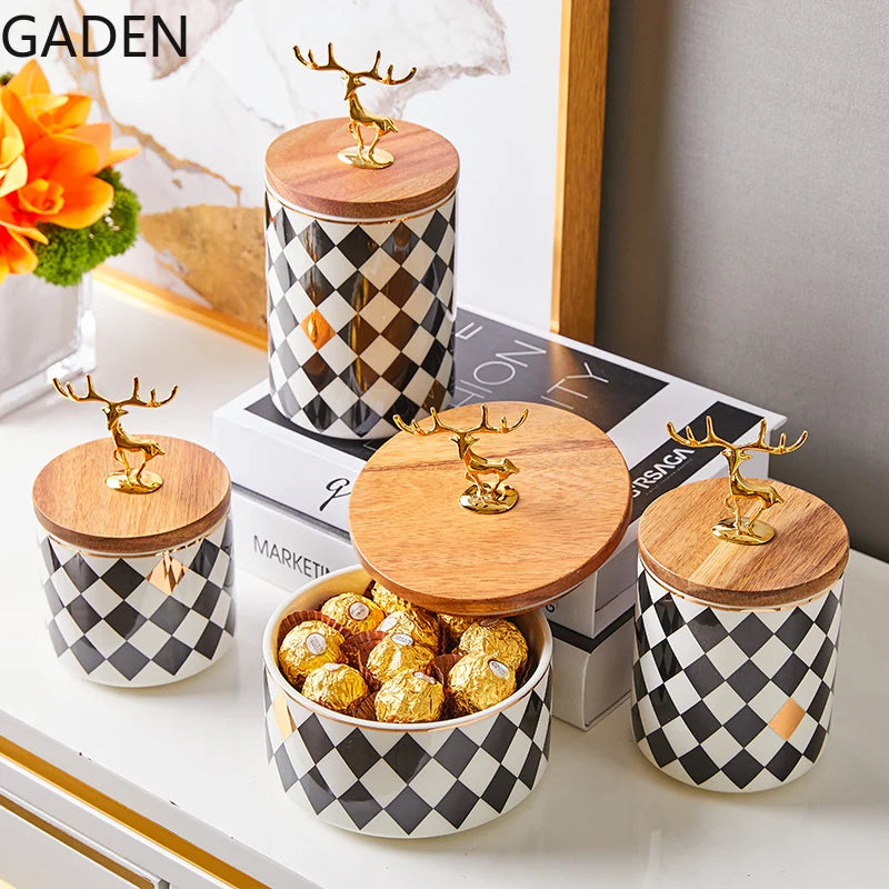 European-style Ceramic Candy Jar Wooden Lid Golden Deer Airtight Jar Light Luxury Household Storage Box Desktop Decorative Jar