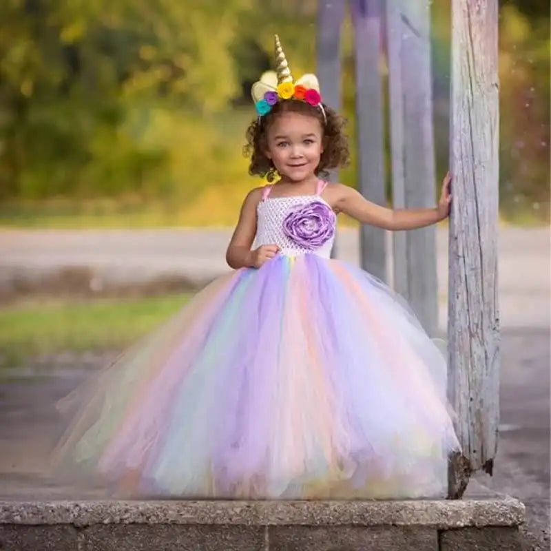 Girls Pastel Unicorn Flower Tutu Dress Kids Crochet Tulle Strap Dress Ball Gown with Daisy Ribbons Children Party Costume Dress