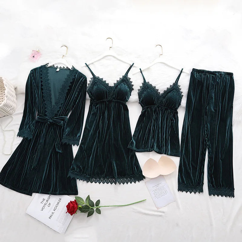 Women's Pajama Set 4Pcs Velvet Sleepwear Robe Gowns Nightwear V-Neck Sexy Pijamas Ladies Home Suit Nightgown Bride Bathrobe Gown