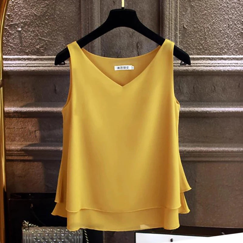 Banerdanni Fashion Brand Women blouse Summer New sleeveless Chiffon Shirt Solid V-neck Casual blouse Loose Oversized Female Tops
