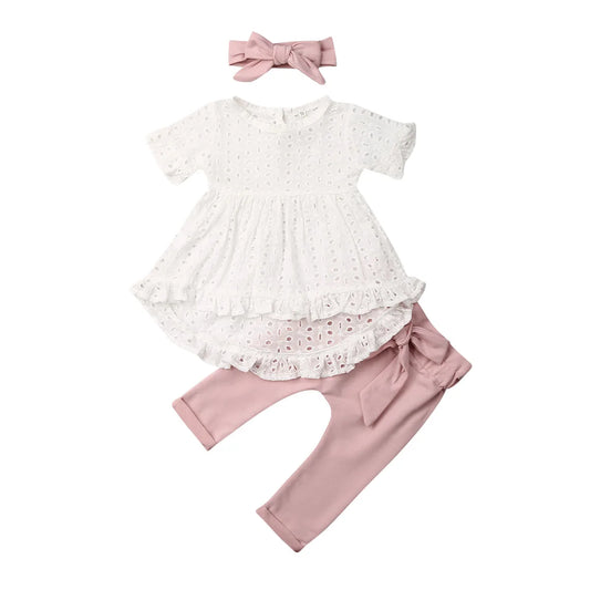 Citgeett Summer 3Pcs Newborn Infant Baby Girl Clothes White Top T-Shirt Dress Bowknote Pants Outfit Set