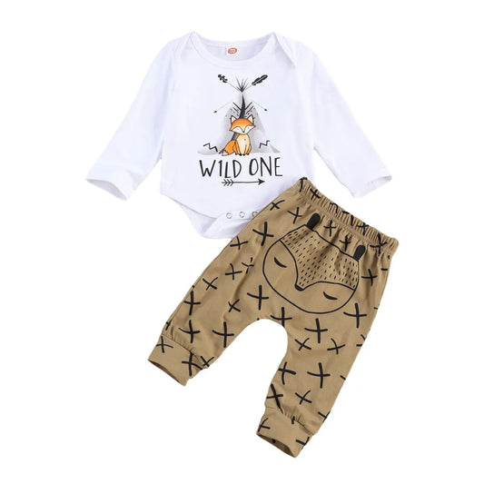 Citgeett Autumn Infant Baby Boys Girls Two-piece Clothes Set White Fox and Letters Printed Romper + Long Pants Set 0-18 Months