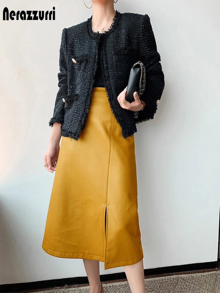 Nerazzurri Midi skirts below knee 2021 Yellow black soft leather skirt women zipper Long straight skirts for women high waist