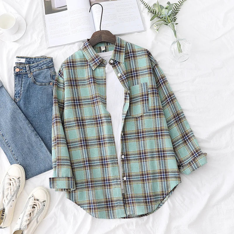Brand Women's Flannel Plaid Shirts 2025 New Ladies Tops Exquisite Designer Style Loose Blouses Casual Cotton Long Sleeve Blouse