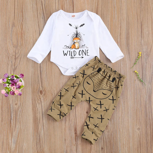 Citgeett Autumn Infant Baby Boys Girls Two-piece Clothes Set White Fox and Letters Printed Romper + Long Pants Set 0-18 Months