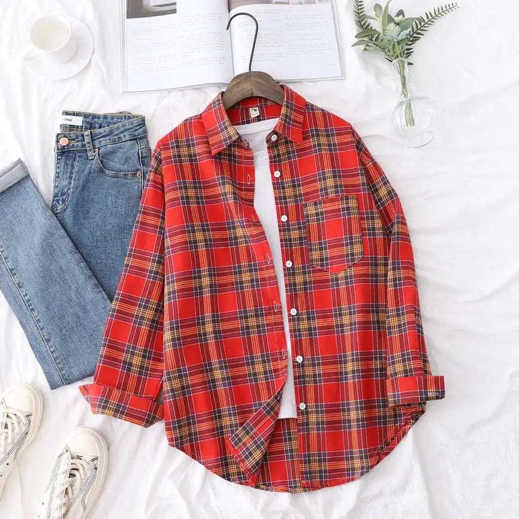 2025 New Women Long Sleeve Shirts Red and Black Flannel Plaid Shirt Tops Brand Casual Loose Female Check Blouses Clothes