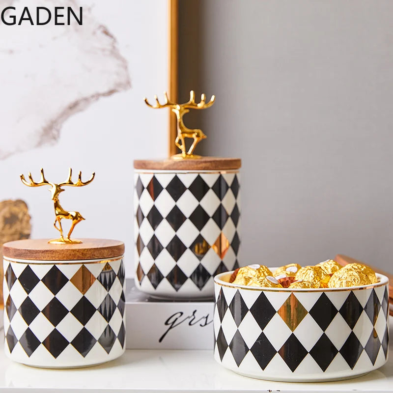 European-style Ceramic Candy Jar Wooden Lid Golden Deer Airtight Jar Light Luxury Household Storage Box Desktop Decorative Jar