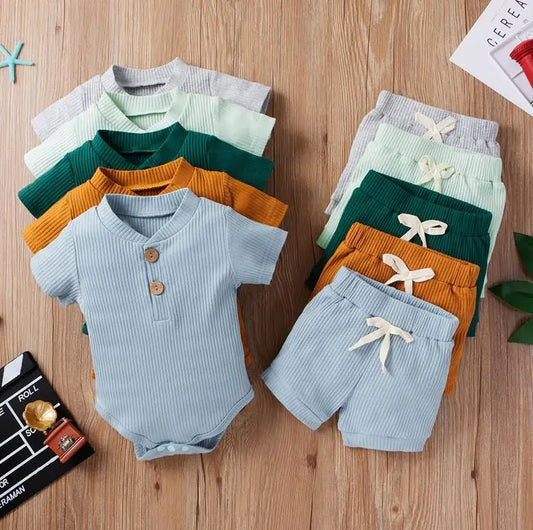 Citgeett Summer Solid Baby Boy Girl Casual Clothing Short Sleeve Button Romper+Loose Shorts 2pcs Outfits Set Clothes