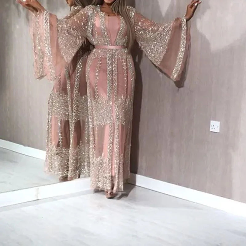 Abaya Dubai Muslim Luxury Dress High Class Embroidery Lace Sequins Ramadan Kaftan Isla African Clothes 2 Piece Set