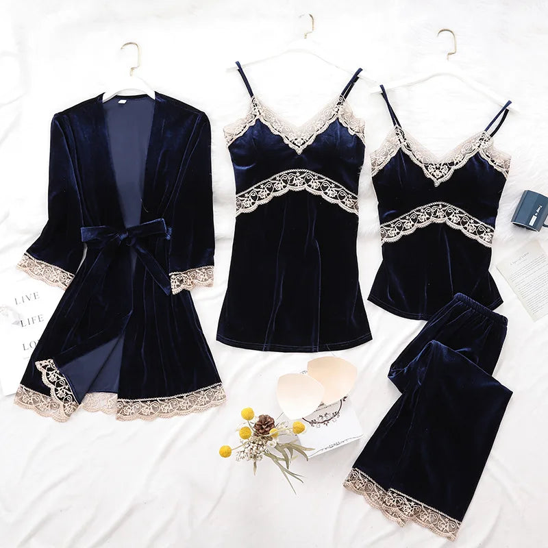 Women's Pajama Set 4Pcs Velvet Sleepwear Robe Gowns Nightwear V-Neck Sexy Pijamas Ladies Home Suit Nightgown Bride Bathrobe Gown