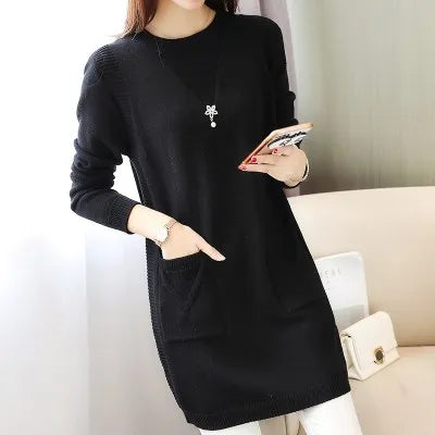 Solid Long Sweater Women Clothing 2025 New Korean Pocket Knit Sweater Dress Casual Warm Loose O neck Long sleeve Ladies Pullover
