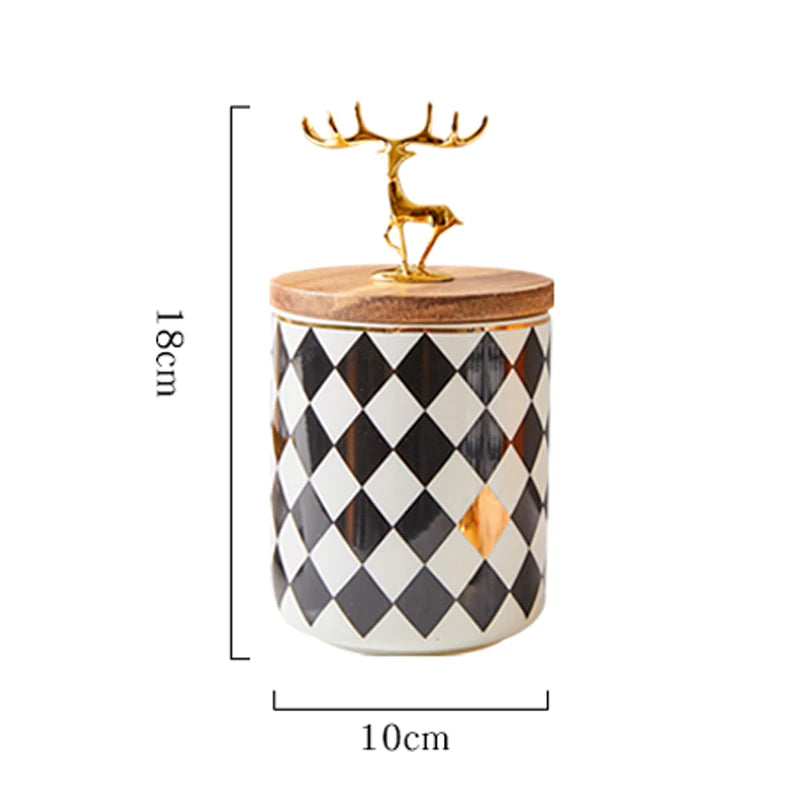 European-style Ceramic Candy Jar Wooden Lid Golden Deer Airtight Jar Light Luxury Household Storage Box Desktop Decorative Jar
