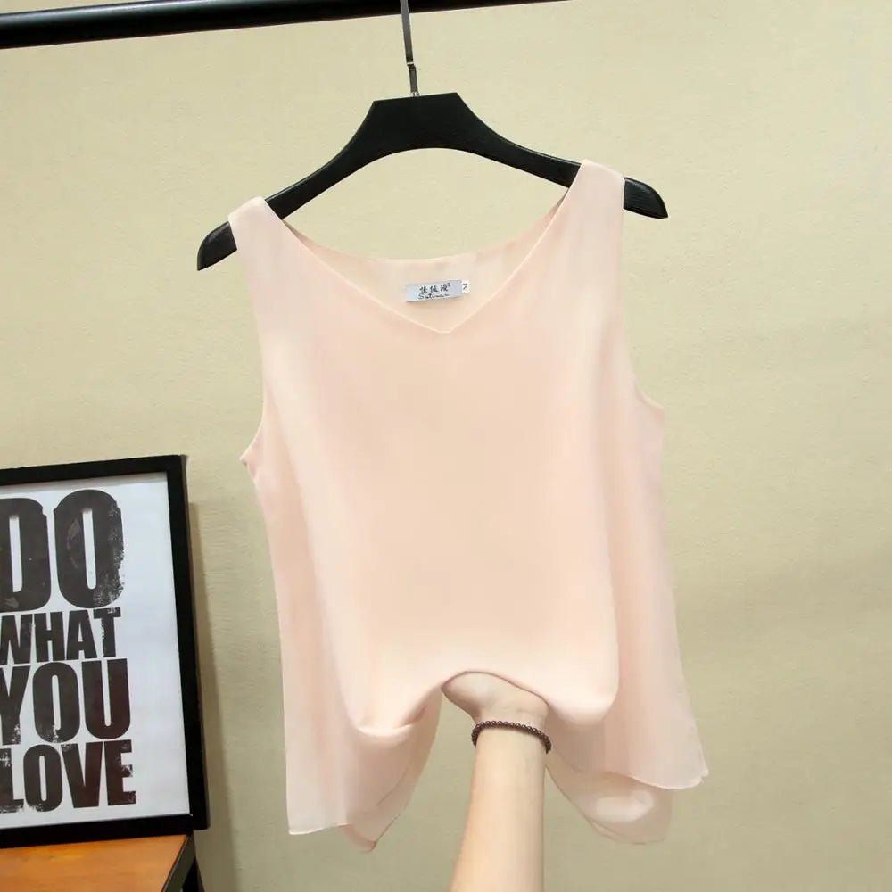 Banerdanni Fashion Brand Women blouse Summer New sleeveless Chiffon Shirt Solid V-neck Casual blouse Loose Oversized Female Tops