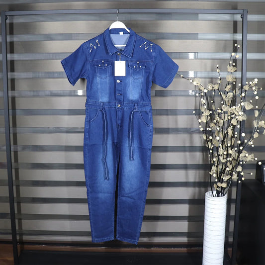 stretch jeans jumpsuit fashionable quality nail bead silver bead decoration