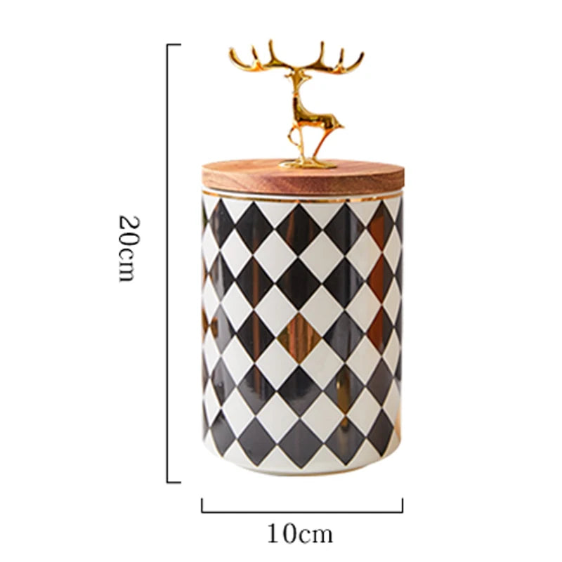 European-style Ceramic Candy Jar Wooden Lid Golden Deer Airtight Jar Light Luxury Household Storage Box Desktop Decorative Jar