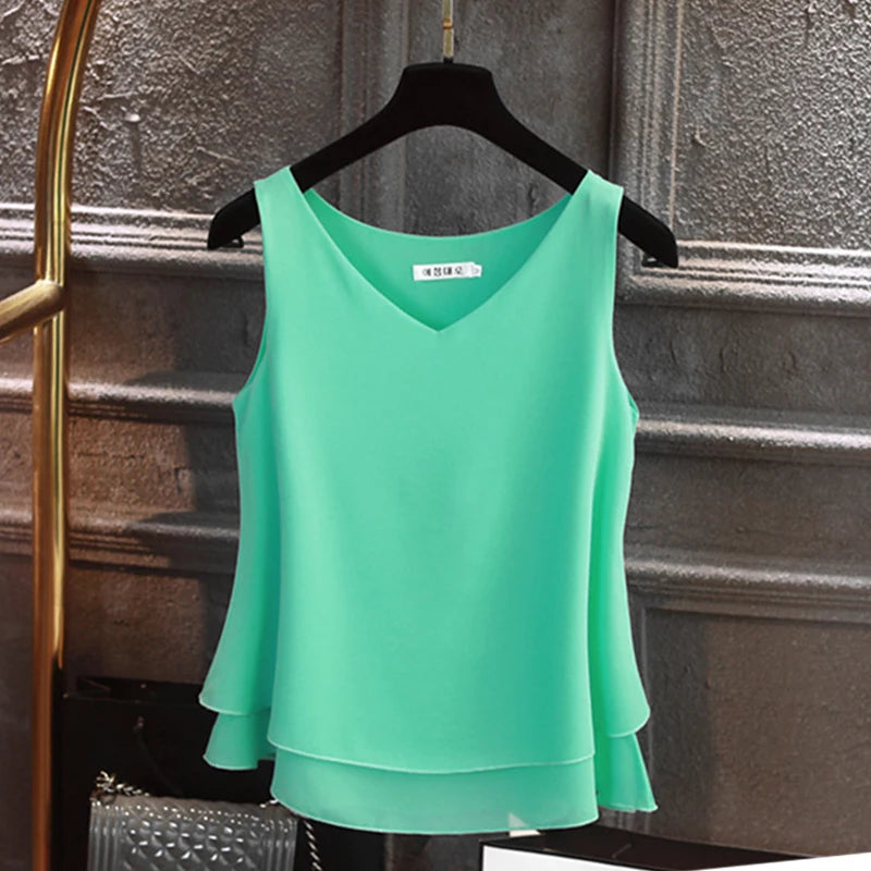 Banerdanni Fashion Brand Women blouse Summer New sleeveless Chiffon Shirt Solid V-neck Casual blouse Loose Oversized Female Tops