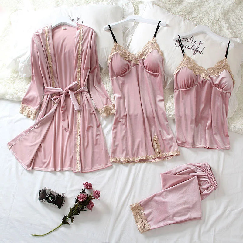 Women's Pajama Set 4Pcs Velvet Sleepwear Robe Gowns Nightwear V-Neck Sexy Pijamas Ladies Home Suit Nightgown Bride Bathrobe Gown