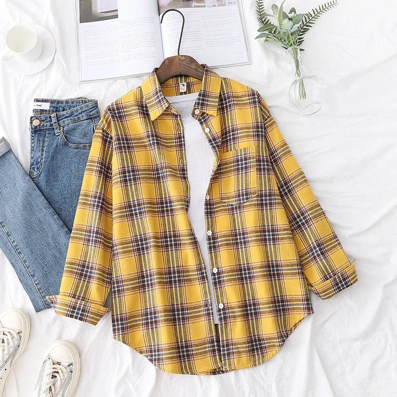 Brand Women's Flannel Plaid Shirts 2025 New Ladies Tops Exquisite Designer Style Loose Blouses Casual Cotton Long Sleeve Blouse