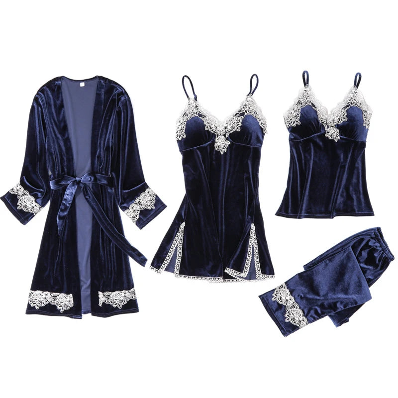 Women's Pajama Set 4Pcs Velvet Sleepwear Robe Gowns Nightwear V-Neck Sexy Pijamas Ladies Home Suit Nightgown Bride Bathrobe Gown