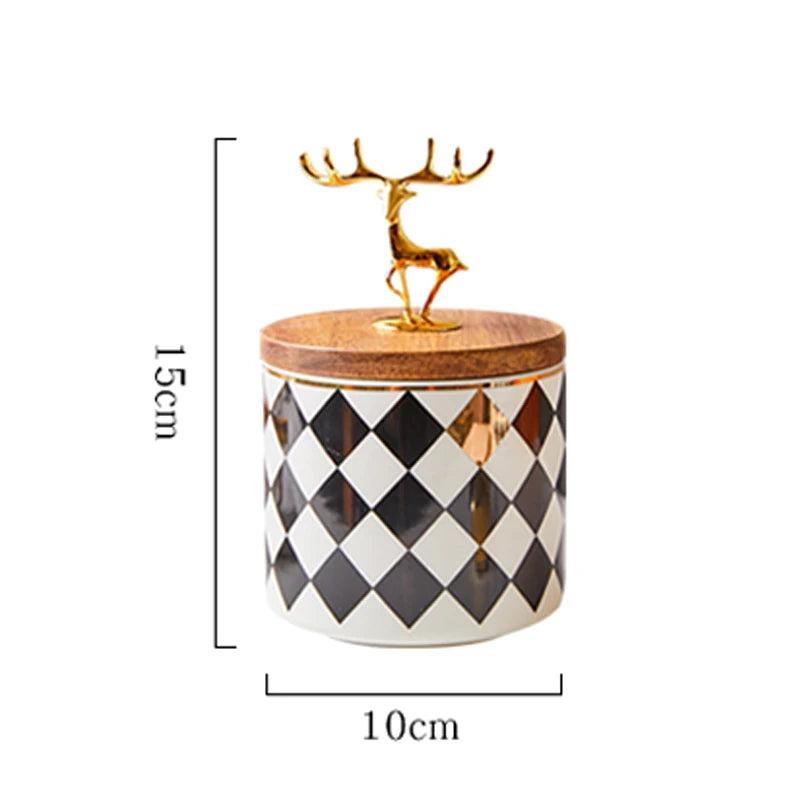 European-style Ceramic Candy Jar Wooden Lid Golden Deer Airtight Jar Light Luxury Household Storage Box Desktop Decorative Jar