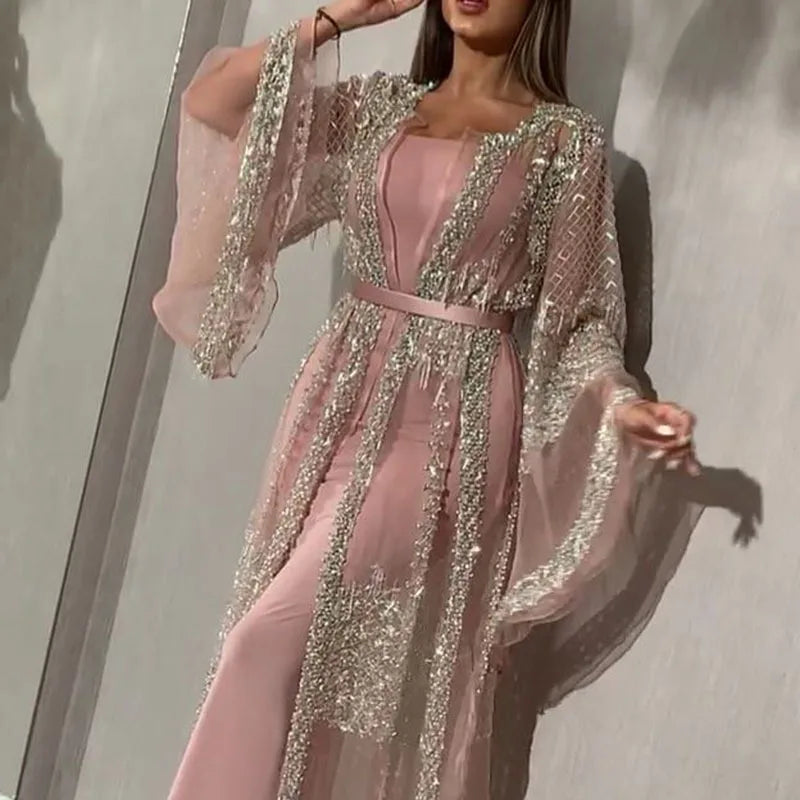 Abaya Dubai Muslim Luxury Dress High Class Embroidery Lace Sequins Ramadan Kaftan Isla African Clothes 2 Piece Set