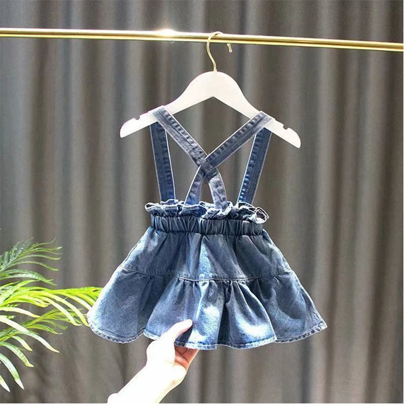 2025 Kids Girls Clothes Set Summer Short Sleeve Shirt + Denim short dress Triple Breasted Outfits Baby Clothing 4 5 6 7 8 9 10 1