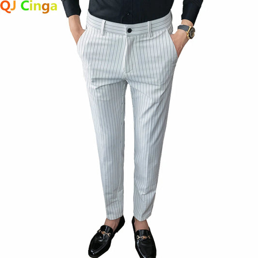 White Vertical Stripes Suit Pants Men, Blue Black Trousers, Fashion Slim Men's Pant Business Pantalones Hombre Autumn New Slacks