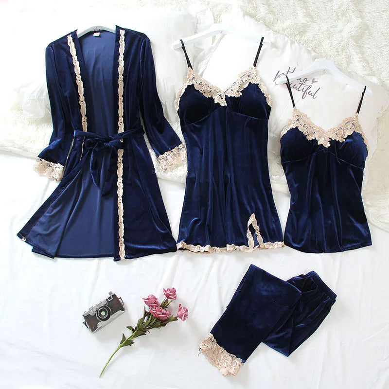 Women's Pajama Set 4Pcs Velvet Sleepwear Robe Gowns Nightwear V-Neck Sexy Pijamas Ladies Home Suit Nightgown Bride Bathrobe Gown