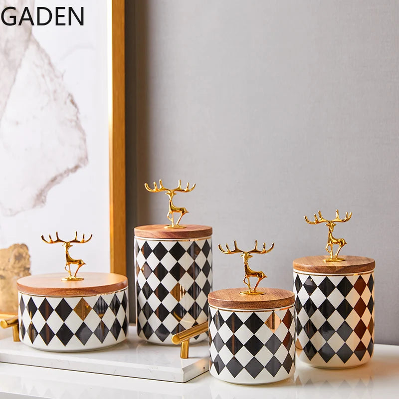 European-style Ceramic Candy Jar Wooden Lid Golden Deer Airtight Jar Light Luxury Household Storage Box Desktop Decorative Jar
