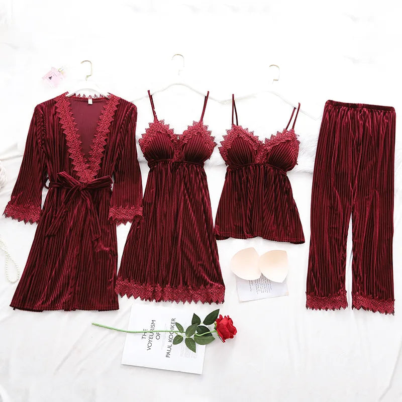 Women's Pajama Set 4Pcs Velvet Sleepwear Robe Gowns Nightwear V-Neck Sexy Pijamas Ladies Home Suit Nightgown Bride Bathrobe Gown