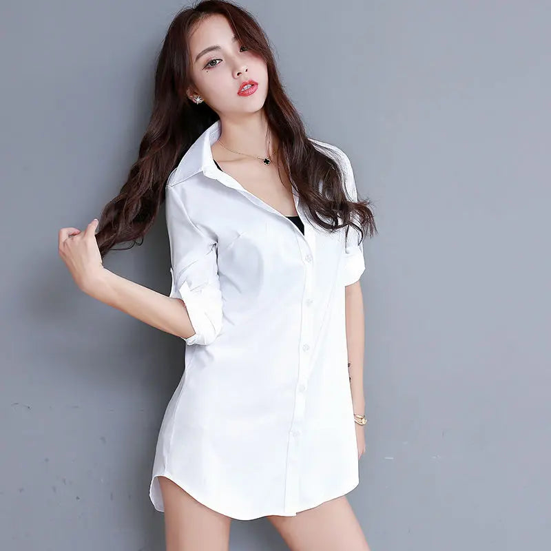 Women's Long Cotton Blend Dress Shirt Loose Boyfriend Style White Pink Spring Full Sleeve Korean Tops Street Fashion